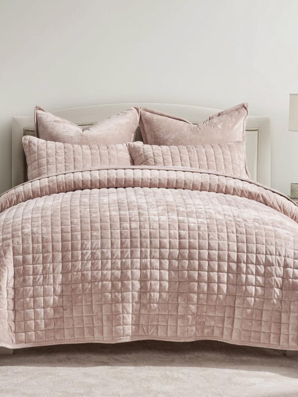 Channel Box Stitch Velvet Quilt Set, Full Queen Size, Rose Pink